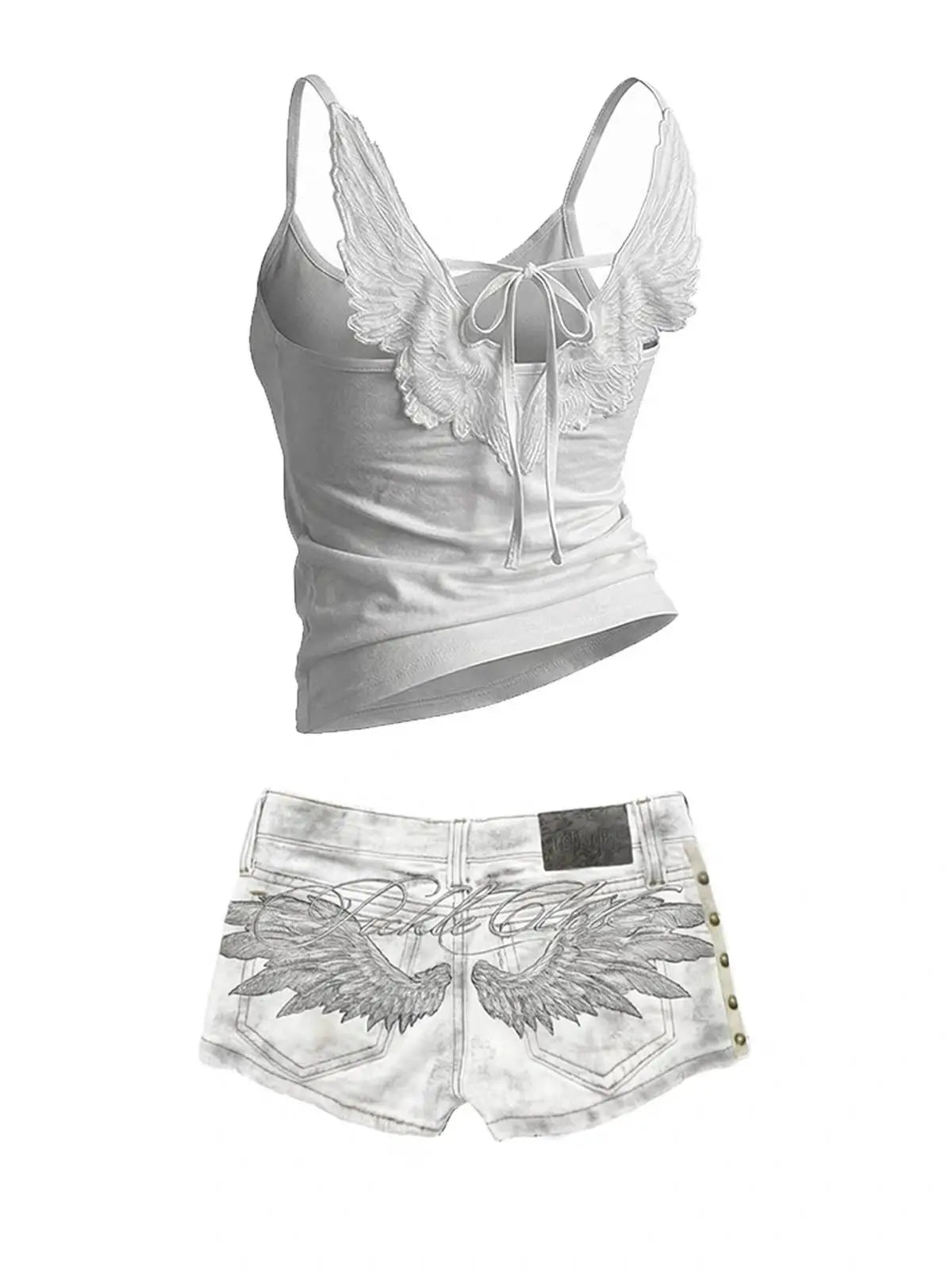 Y2K Angel Wings Vest & Denim Shorts Set – Punk Streetwear