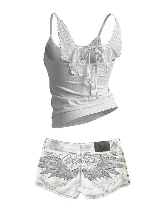 Y2K Angel Wings Vest & Denim Shorts Set – Punk Streetwear