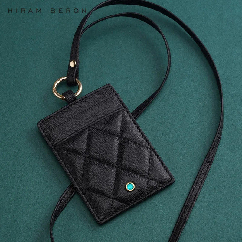 Hiram Beron Luxury Leather ID Card Holder with Neck Strap & Gemstone