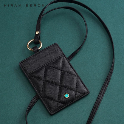 Hiram Beron Luxury Leather ID Card Holder with Neck Strap & Gemstone