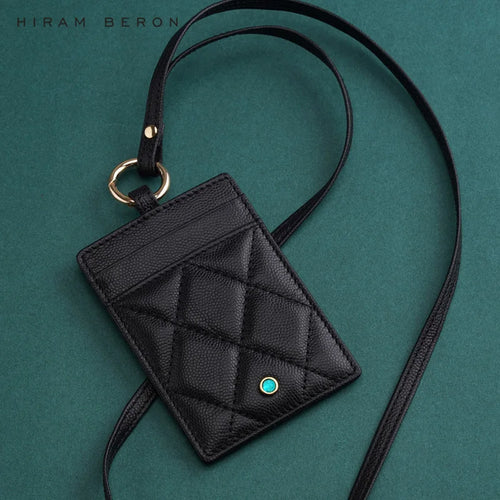 Hiram Beron Luxury Leather ID Card Holder with Neck Strap & Gemstone
