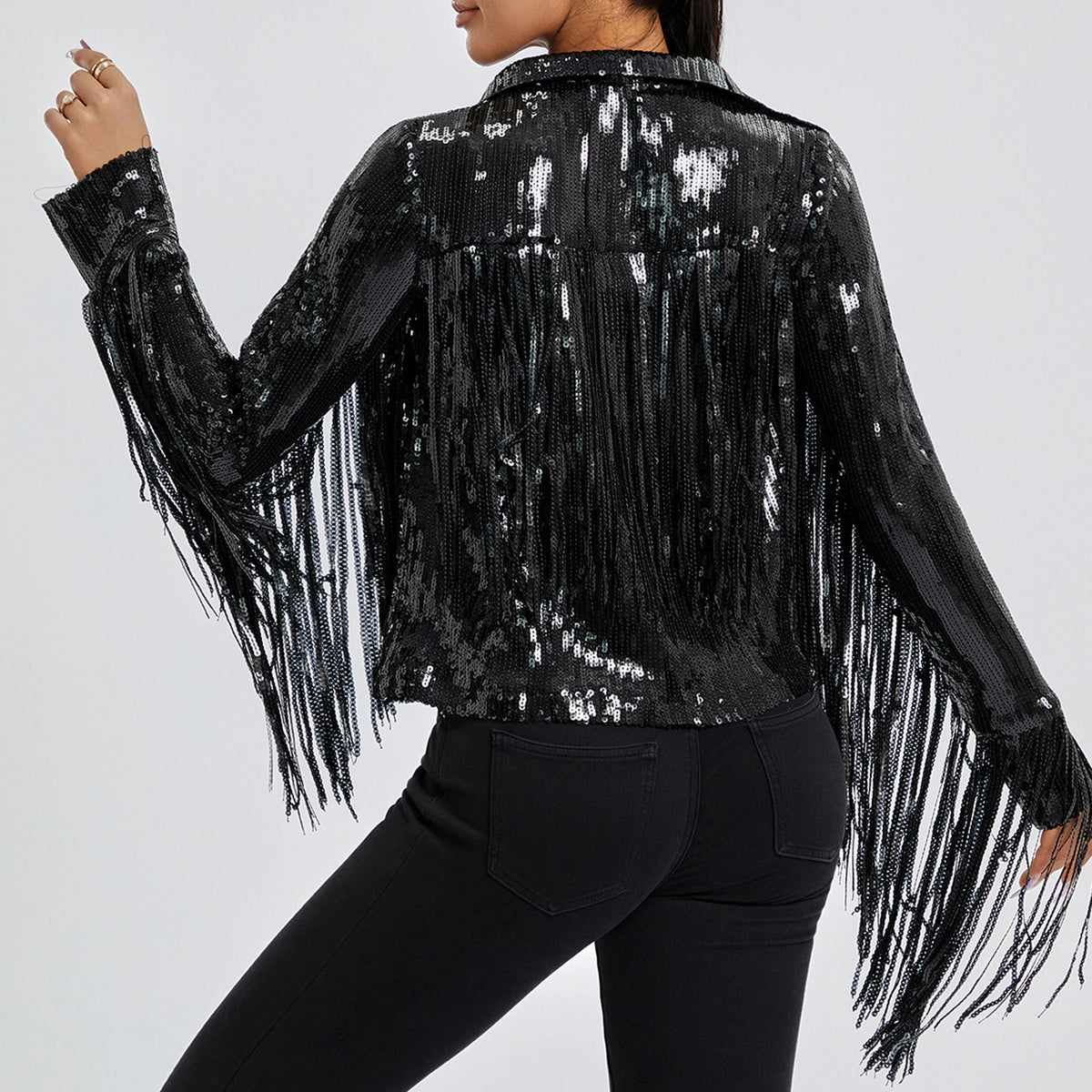 Sequin Fringe Jacket Women Sparkly Disco Outwear Long Sleeve Open Front