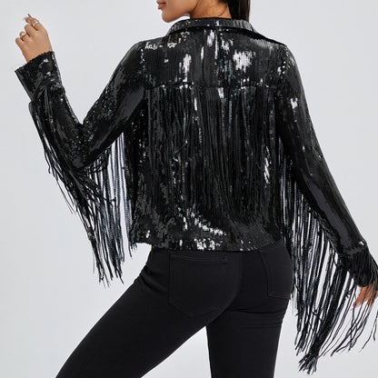 Sequin Fringe Jacket Women Sparkly Disco Outwear Long Sleeve Open Front
