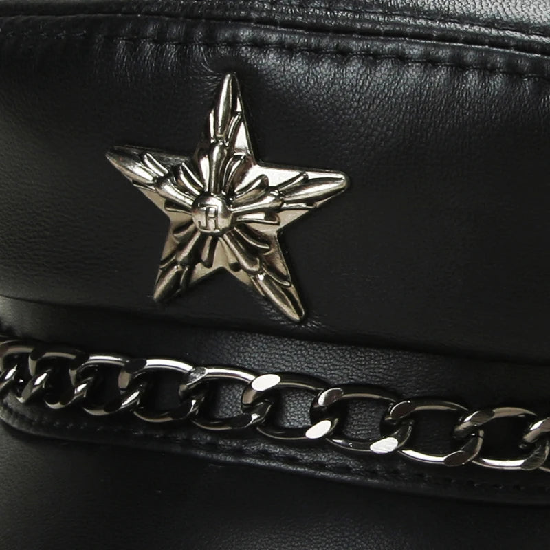 Real Leather Military Hat – Unisex Retro Motorcycle Cap with Chain