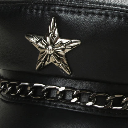 Real Leather Military Hat – Unisex Retro Motorcycle Cap with Chain