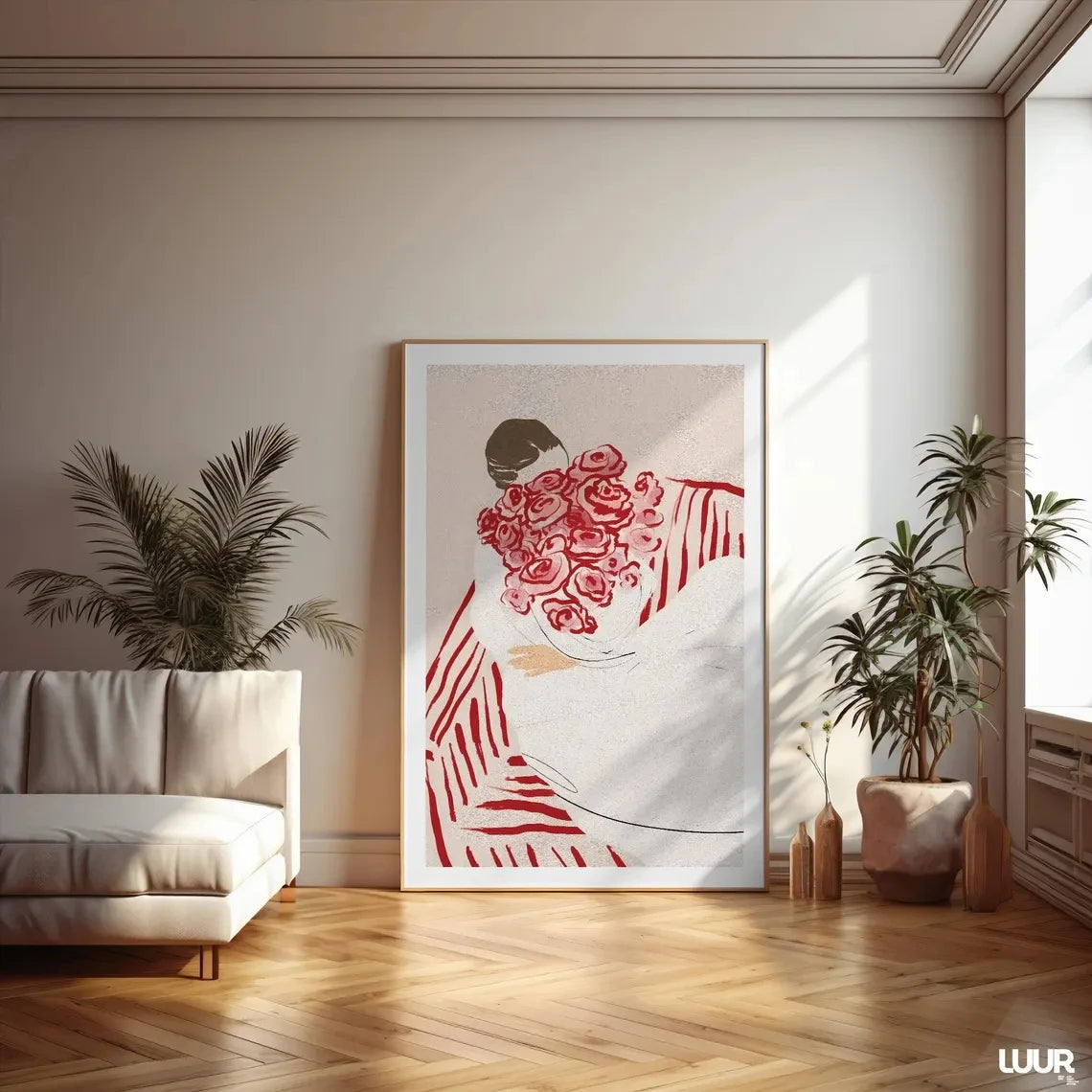 Feminine Floral Wall Art Print – Woman with Roses Minimalist Poster