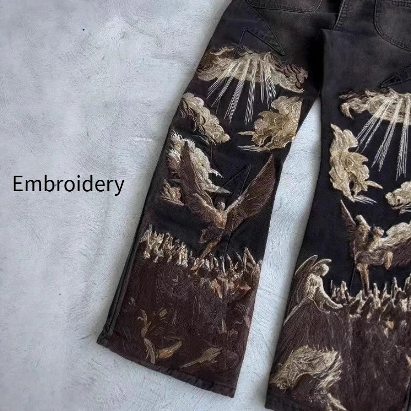 Mens Jeans Harajuku Y2k Streetwear Heavy Angel Embroidery Patchwork Washed Denim Pants Straight Leg