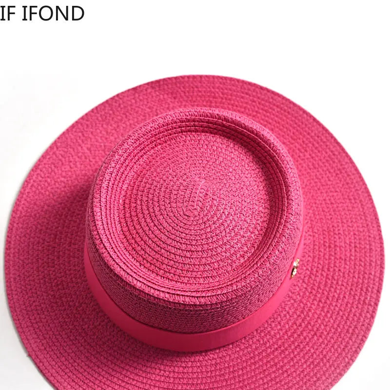 Women's Straw Sun Hat Flat Brim Ribbon Beach Hat