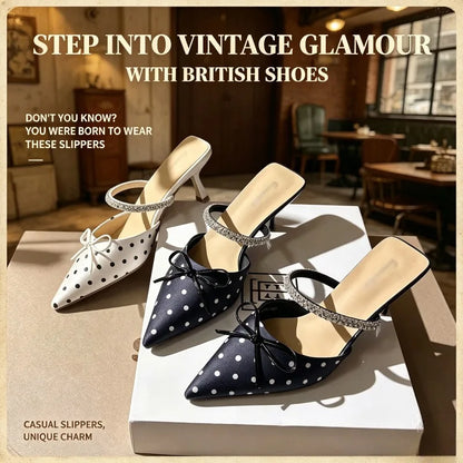 Polka Dot Pointed Toe Heeled Mule Slippers for Women
