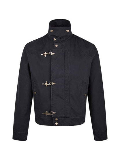 Mens Jacket Harajuku American Vintage Streetwear Buckle Short Workwear Coat Stand Collar Loose Fit