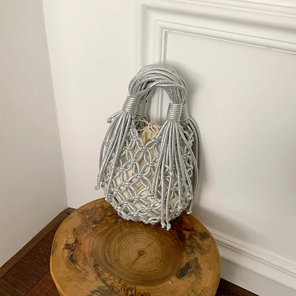 Woven Macrame Bucket Bag – Boho Tassel Handbag for Women