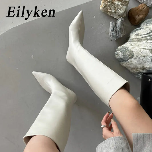 Women's Knee-High Cowboy Boots – Pointed Toe Slip-On Low Heel