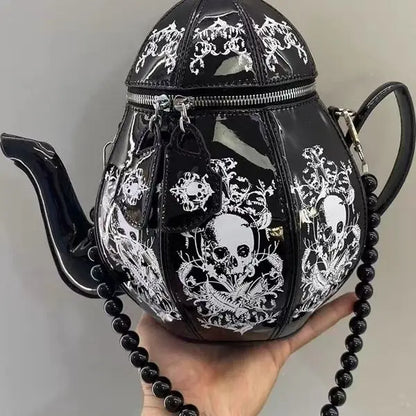 Vintage Gothic Black Skull Teapot Shape Handbag