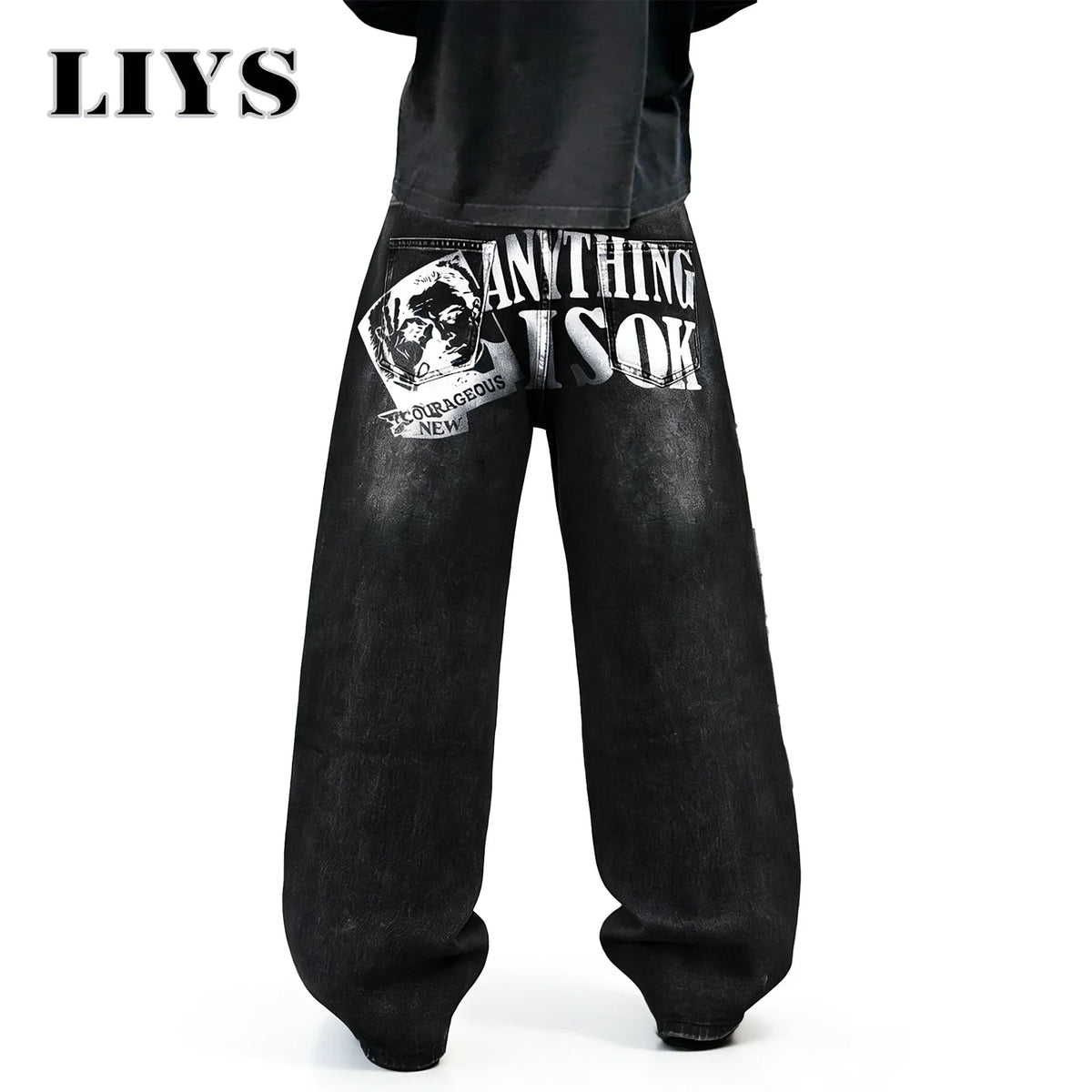 LIYS Graffiti Print Baggy Wide Leg Jeans – Black Washed Unisex Streetwear