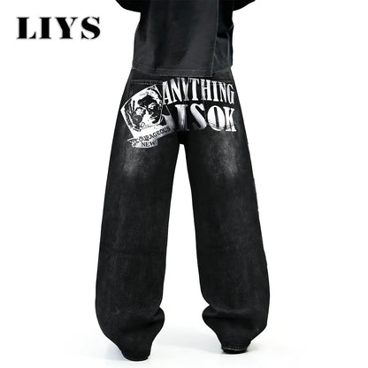LIYS Graffiti Print Baggy Wide Leg Jeans – Black Washed Unisex Streetwear