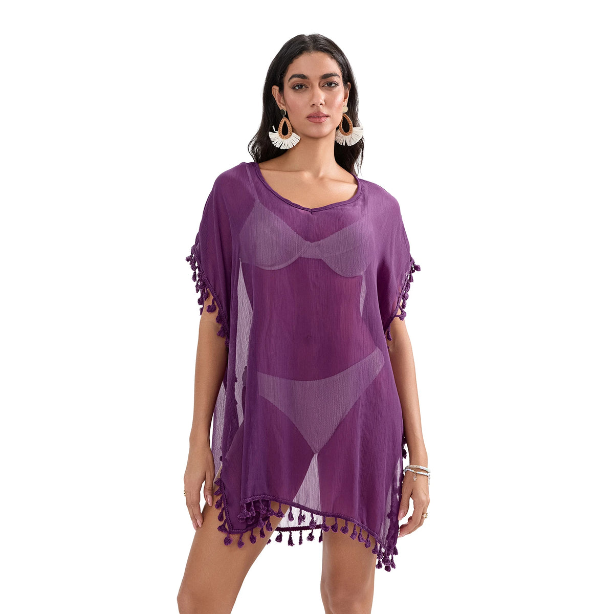 Tassel Trim Beach Cover-Up Dress – Sheer Swimsuit Coverup