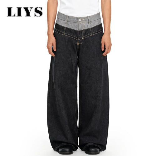 Men S Retro Personalized Double Waist Design Loose Wide Leg Jeans Street Denim Pants Gothic Baggy