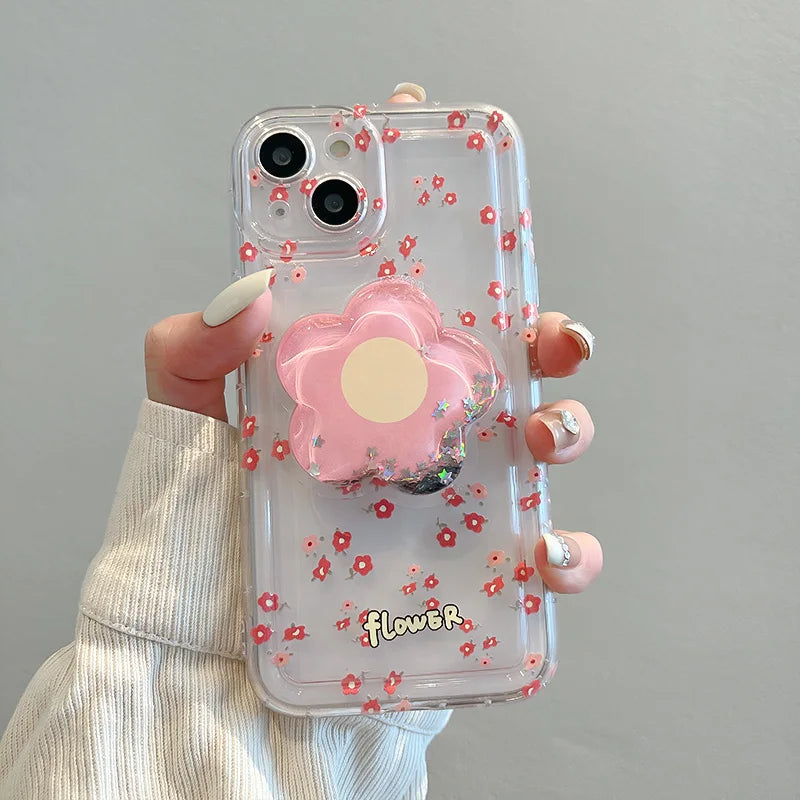 Flower Quicksand Grip Phone Case with Pop Holder – Clear Floral TPU Cover