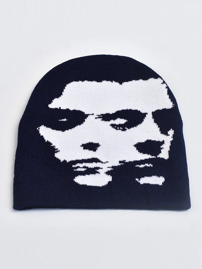 Y2K Goth Face Knit Beanie – Unisex Streetwear Pullover Cap