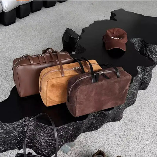 Suede Leather Boston Crossbody Bowling Tote Bag