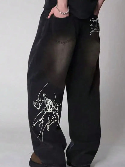 Liys Men S Hip Hop Anime Pattern Black Baggy Wide Leg Jeans American Trend Retro Gothic Woman