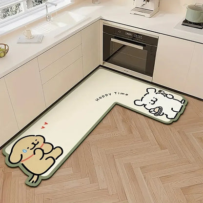 Cartoon L-Shaped Kitchen Floor Mat – Non-Slip Water Absorbent Rug