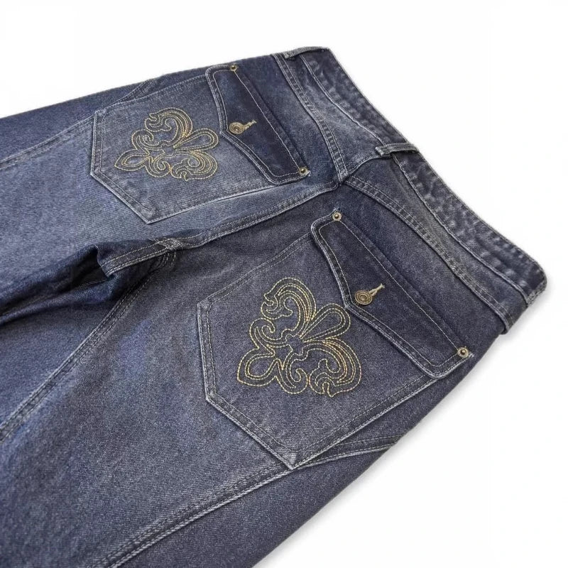 Mens Jeans Harajuku Vintage Streetwear Embroidery Hip Hop Denim Pants Washed Distressed Straight Leg
