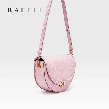 Designer Half-Moon Saddle Bag Top Grain Leather Mother-Of-Pearl Clasp - Light Luxe All-Leather