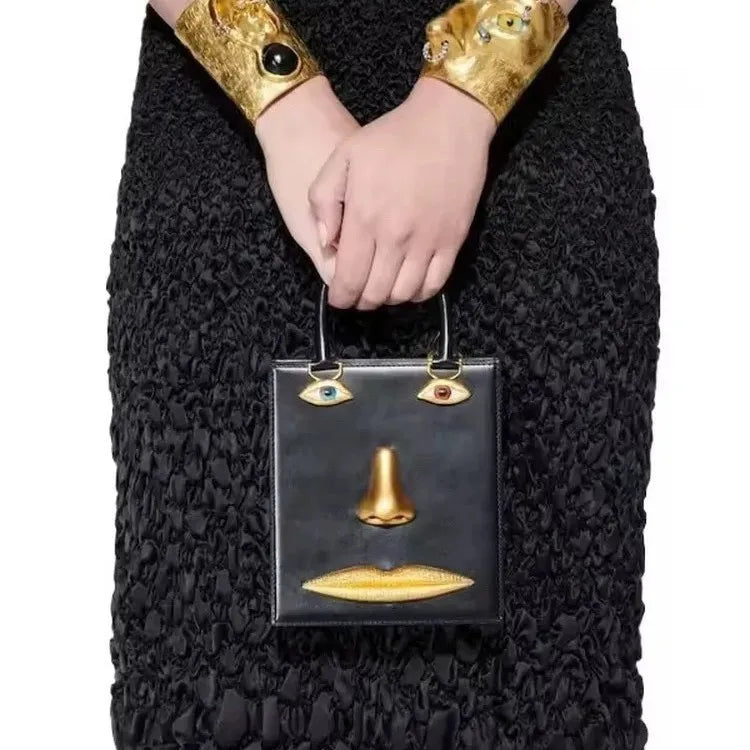 Face Art Leather Handbag – Gold-Tone Metal Accents