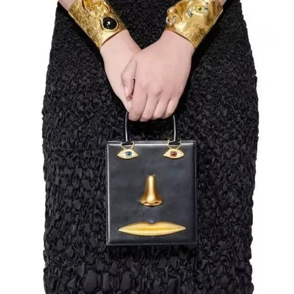 Face Art Leather Handbag – Gold-Tone Metal Accents