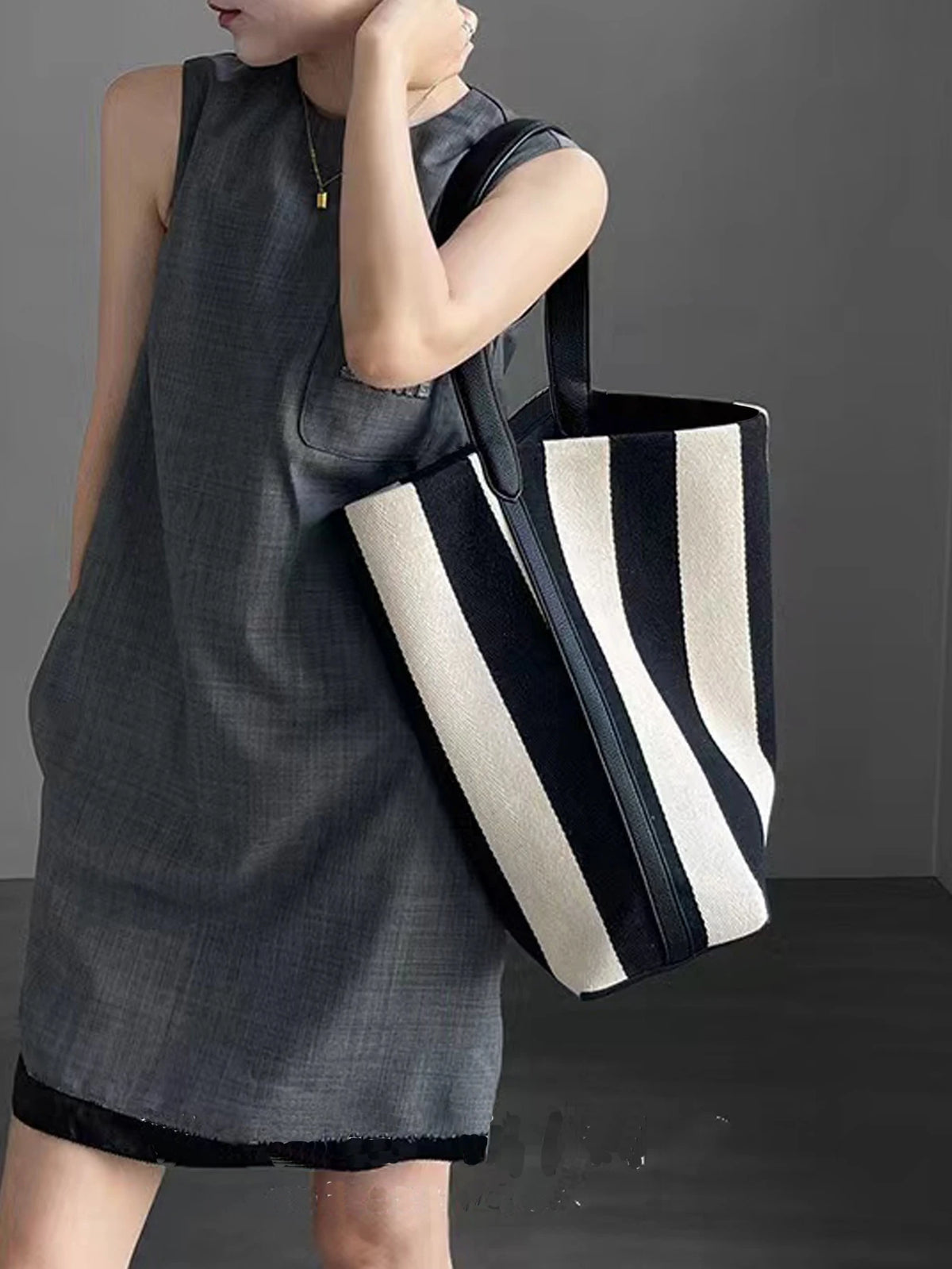 Striped Canvas Bucket Commuter Tote Bag