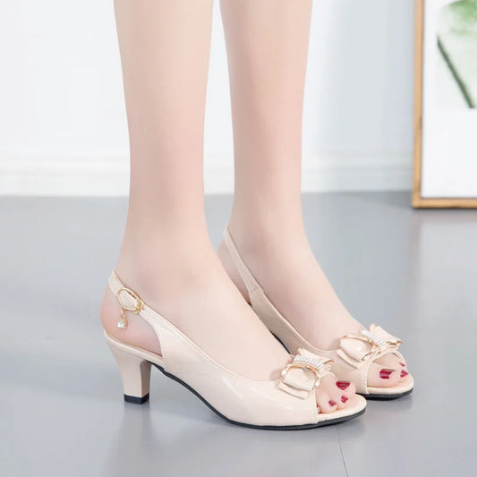 Bow Peep Toe Slingback Heels for Women – Mid Heel Sandals