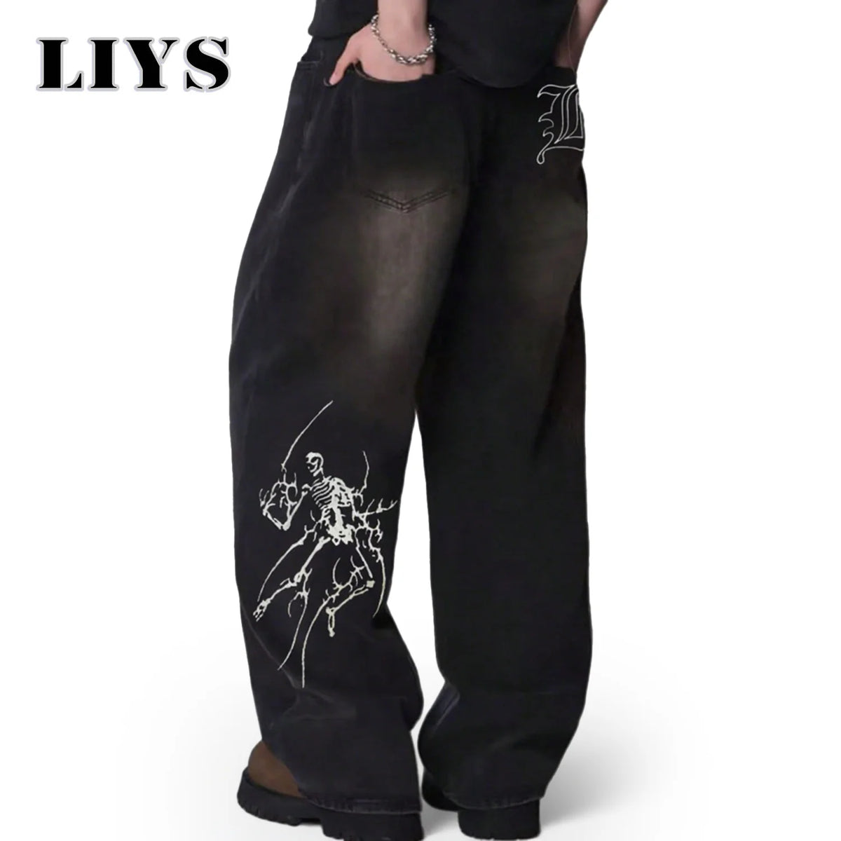 Liys Men S Hip Hop Anime Pattern Black Baggy Wide Leg Jeans American Trend Retro Gothic Woman