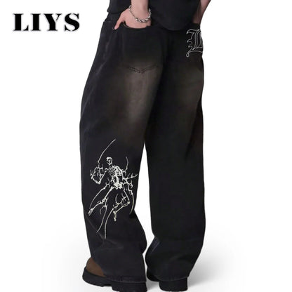 Liys Men S Hip Hop Anime Pattern Black Baggy Wide Leg Jeans American Trend Retro Gothic Woman