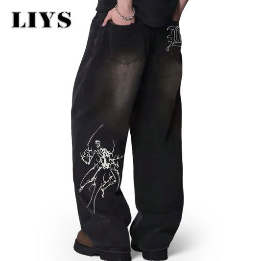 Liys Men S Hip Hop Anime Pattern Black Baggy Wide Leg Jeans American Trend Retro Gothic Woman