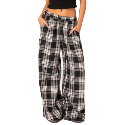 Women's Plaid Baggy Pants Elastic Waist Drawstring Lounge Trousers