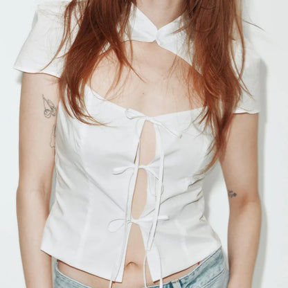 Cutout Tie-Front Crop Top – Y2K Women's Slim Short Sleeve Blouse