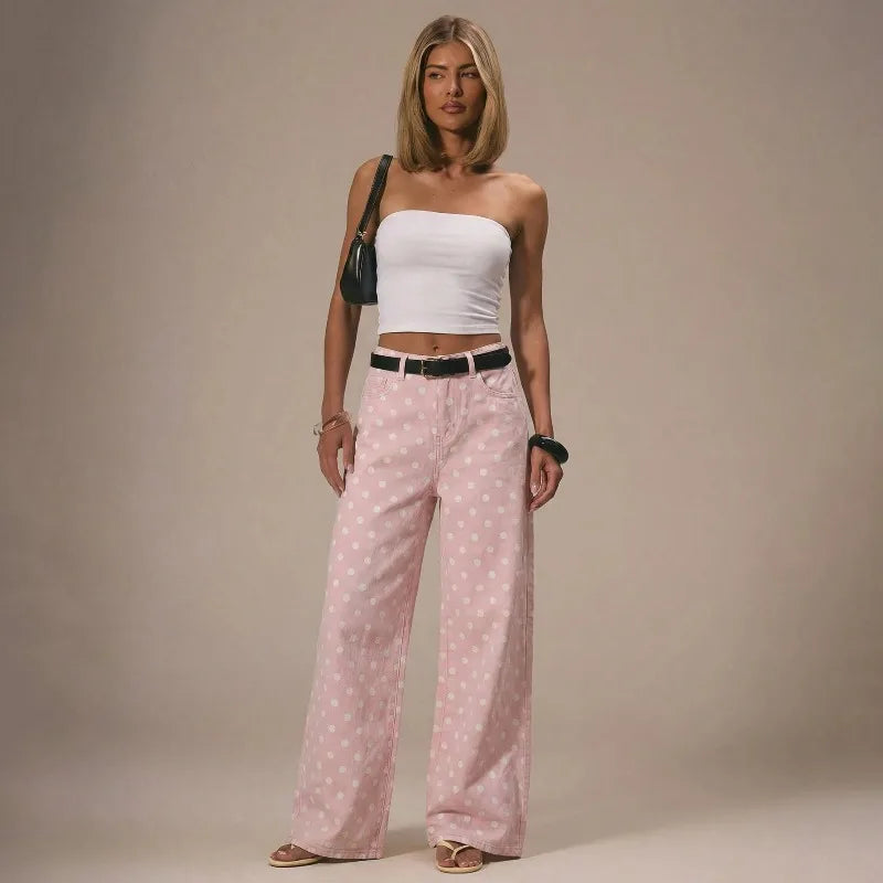 Polka Dot Wide Leg Pants Women Y2K Baggy Jeans Retro Street Style