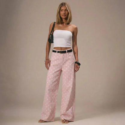 Polka Dot Wide Leg Pants Women Y2K Baggy Jeans Retro Street Style