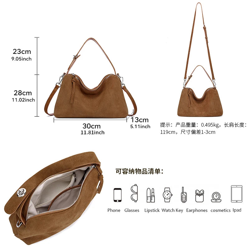 Russian Women's Genuine Suede Cowhide Leather Shoulder Bag
