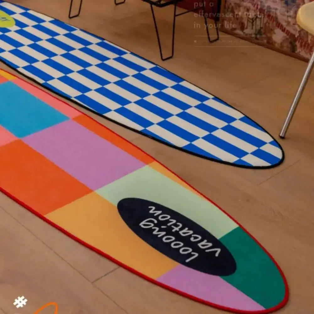 Surfboard Shape Rug – Summer Checkered Floor Mat for Bedroom & Living Room