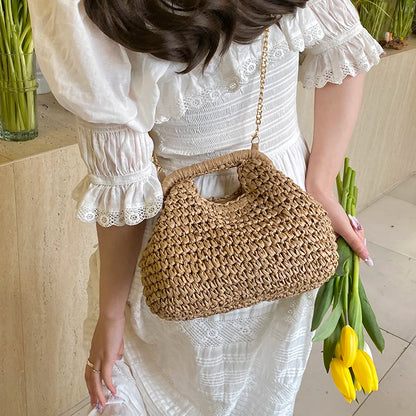 Woven Straw Bag with Chain Strap – Women's Boho Beach Handbag