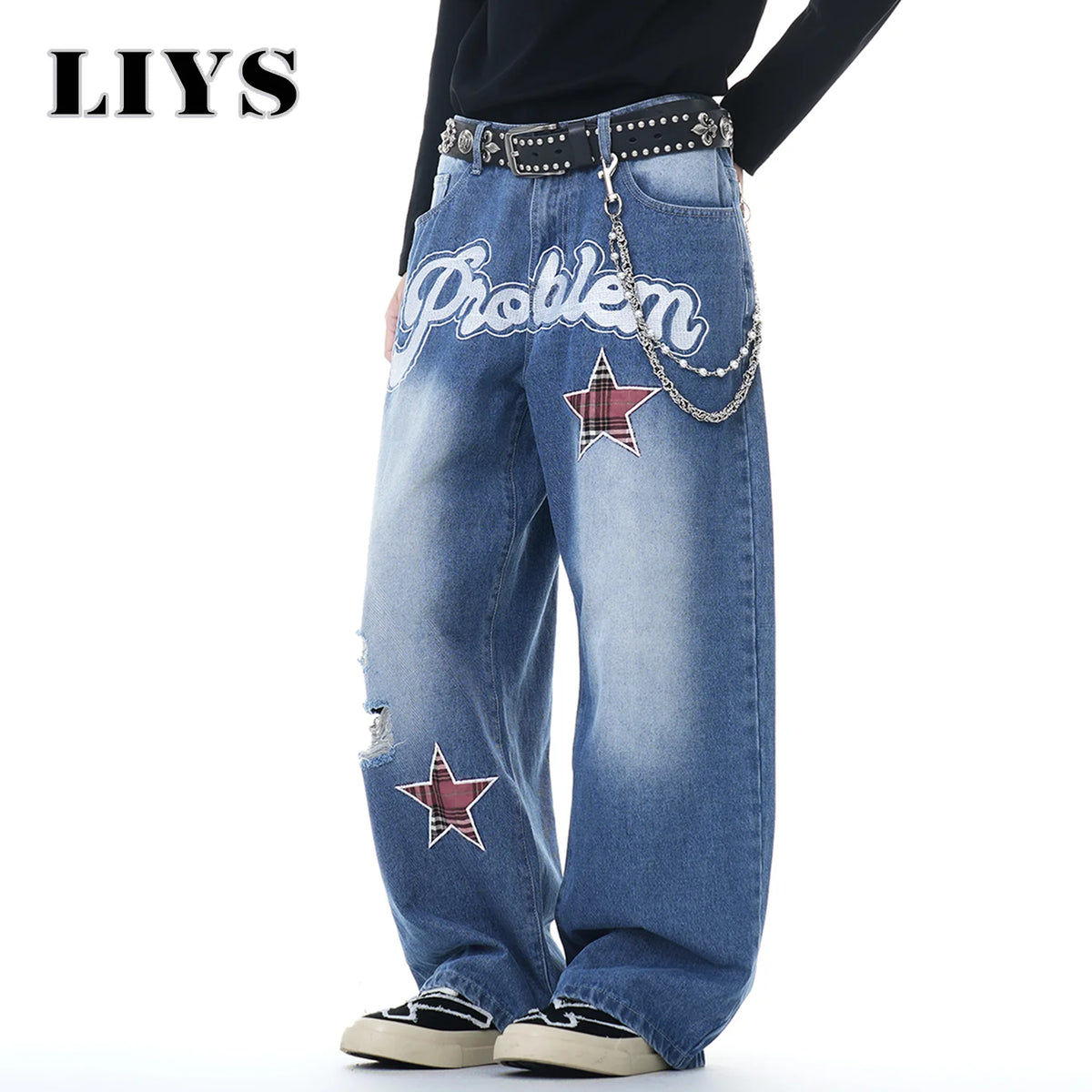 Men's Embroidered Ripped Baggy Wide Leg Jeans – Skate Style