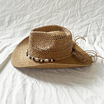 Straw Cowgirl Hat Bohemian Shell Bead Wide Brim Handmade Beach Sun Hat