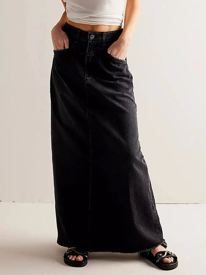 Y2K Vintage Denim Maxi Skirt – Women's A-Line Frayed Hem Long Jean Skirt