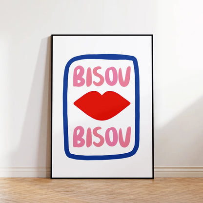 Bisou Bisou French Quote Wall Art Poster – Pink & Blue Maximalist Print