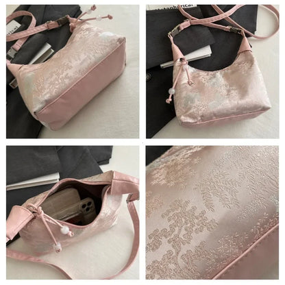 Sweet Embroidery Shoulder Bag Pearl Nylon Texture