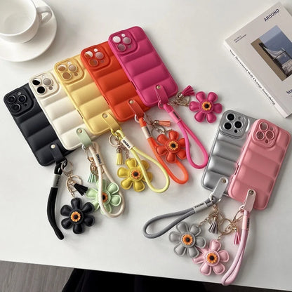 Quilted Puffer iPhone Case with Flower Wrist Strap – Candy Colors