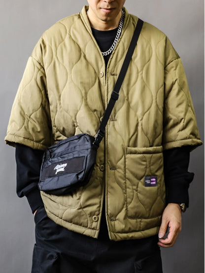 Quilted Padded V-Neck Jacket Men Short Sleeve Harajuku Streetwear