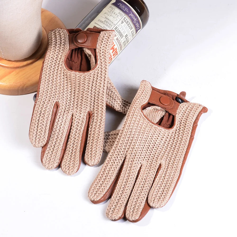 Men's Leather & Knit Touchscreen Driving Equestrian Gloves
